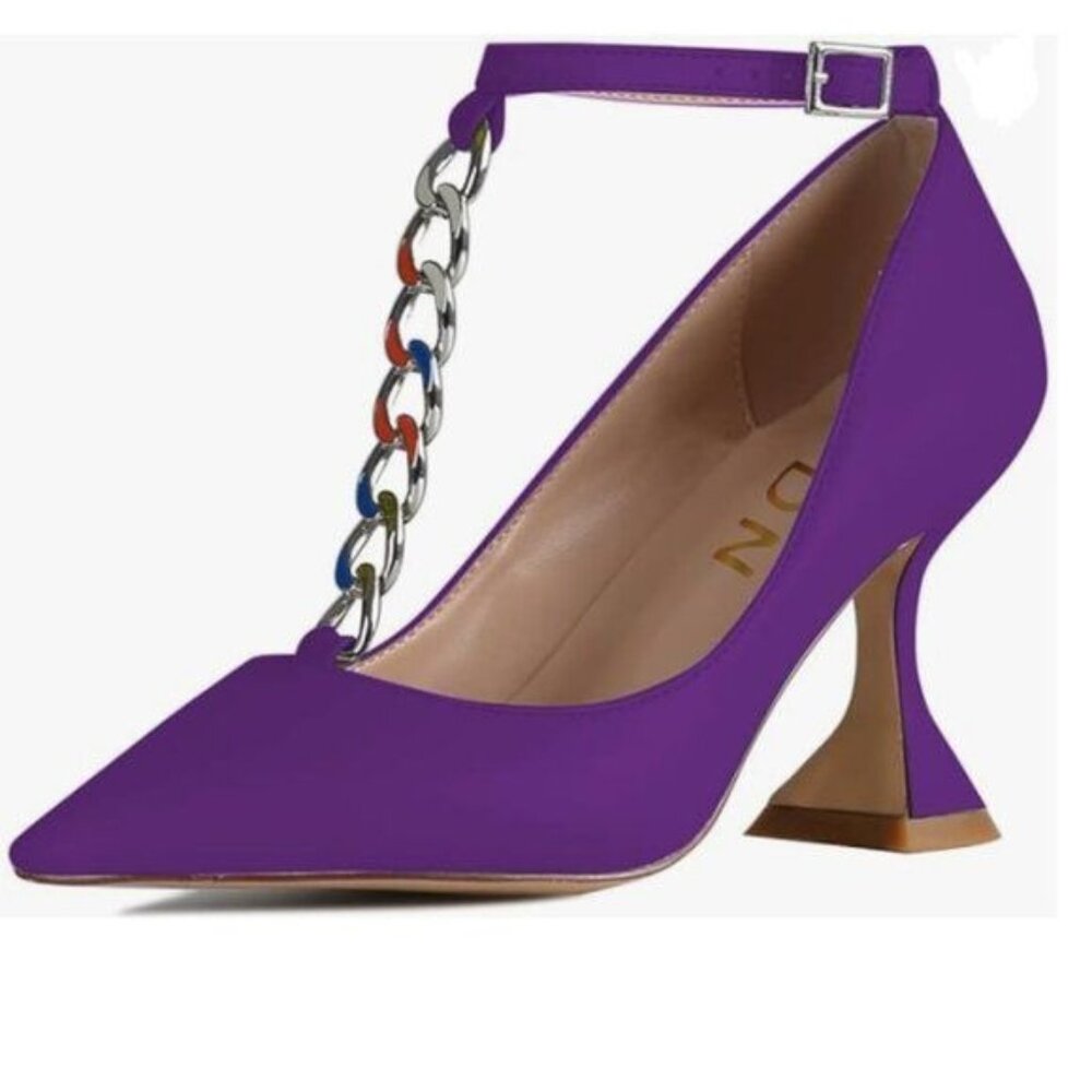 YDN Purple Patchwork Studded Pointed Toe Chain Strap High Heels Dressy Pumps